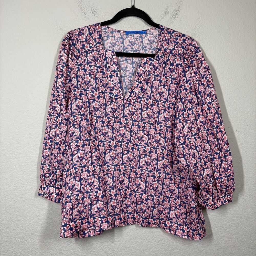 J McLaughlin XL Boho Top Blouse Pink Blue Floral 3/4 Sleeves V Neck